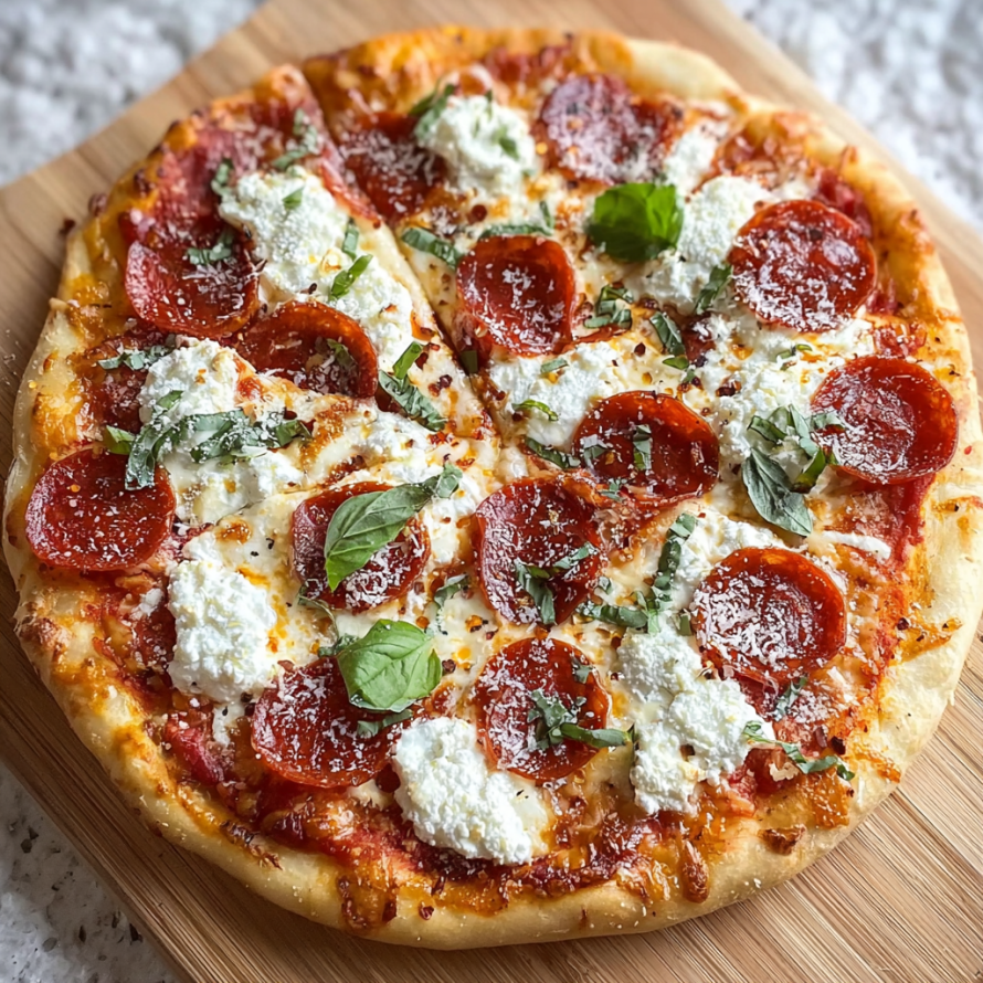 A pepperoni pizza with cheese and basil on a wooden cutting board.