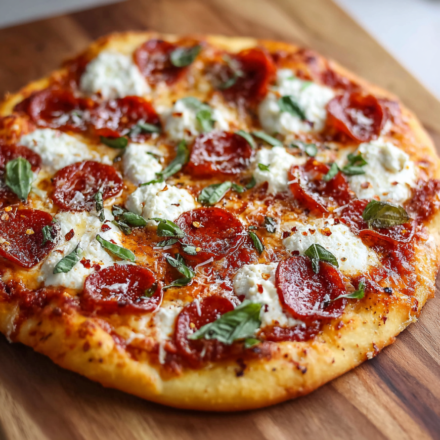 A pepperoni pizza with white cheese and basil leaves on top.