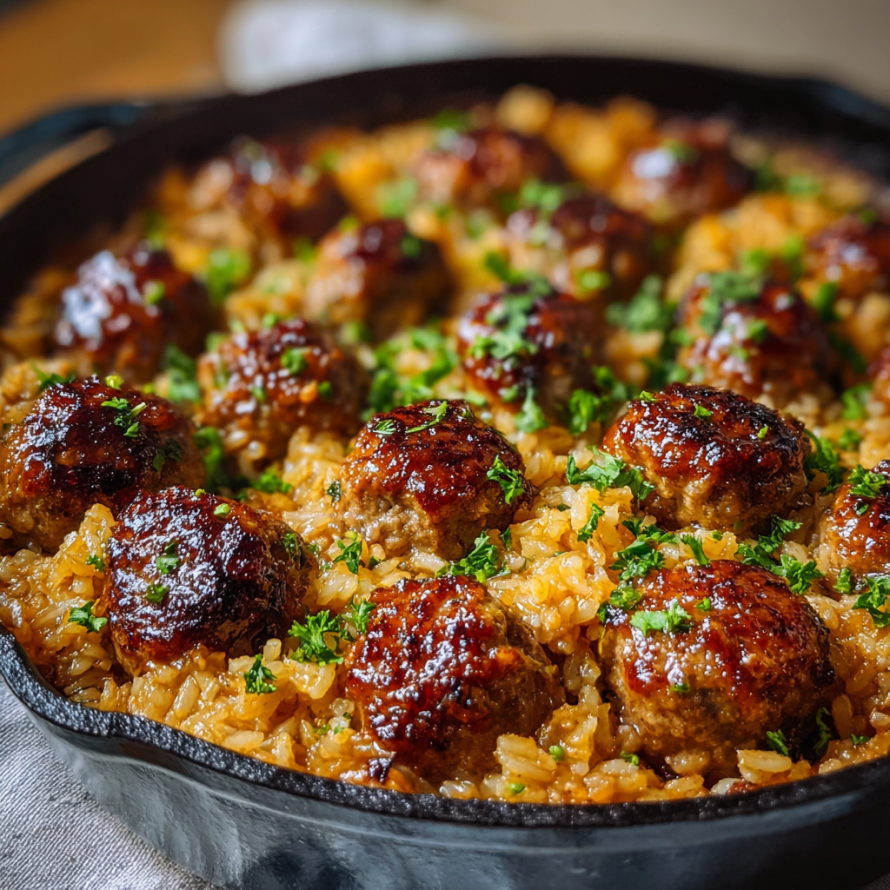 A delicious Honey Garlic Meatball Rice Bake is served in a black pan.