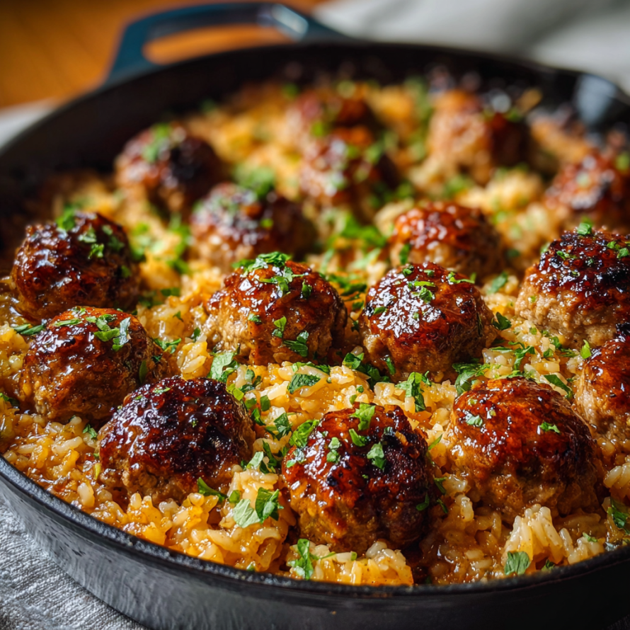 A delicious Honey Garlic Meatball Rice Bake is ready to be served.