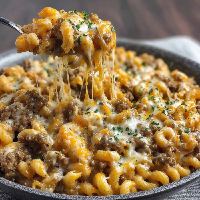 A close up of a delicious Cheese Steak Hamburger Helper, with melted cheese and meat, served in a bowl.