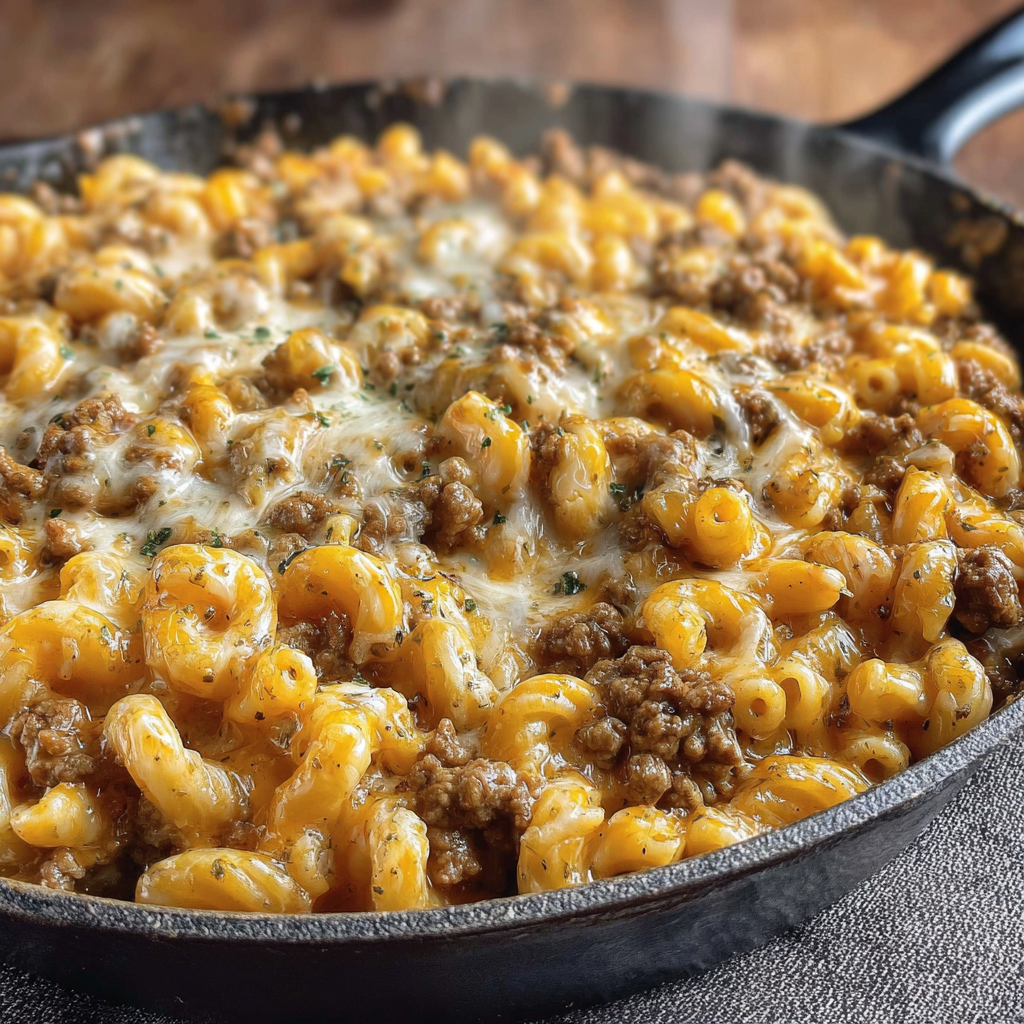 A delicious macaroni and beef dish is cooked in a skillet.