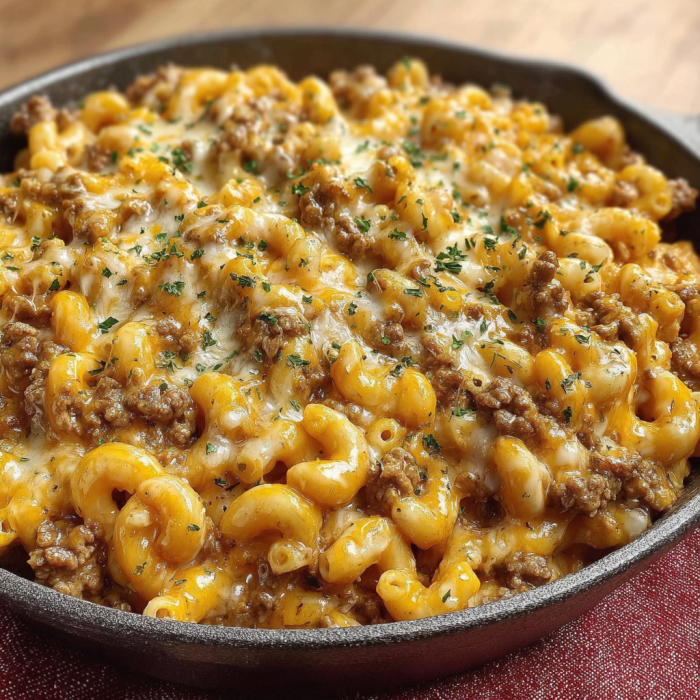 A delicious macaroni and cheese dish, topped with meat and herbs, is served in a black pan.