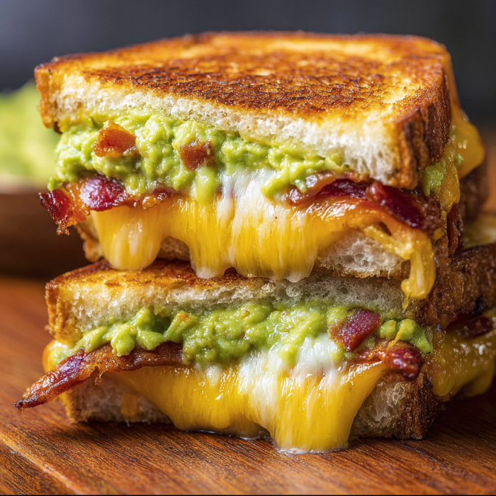 A close up of a sandwich with cheese and bacon, possibly a BLT, on a wooden table.