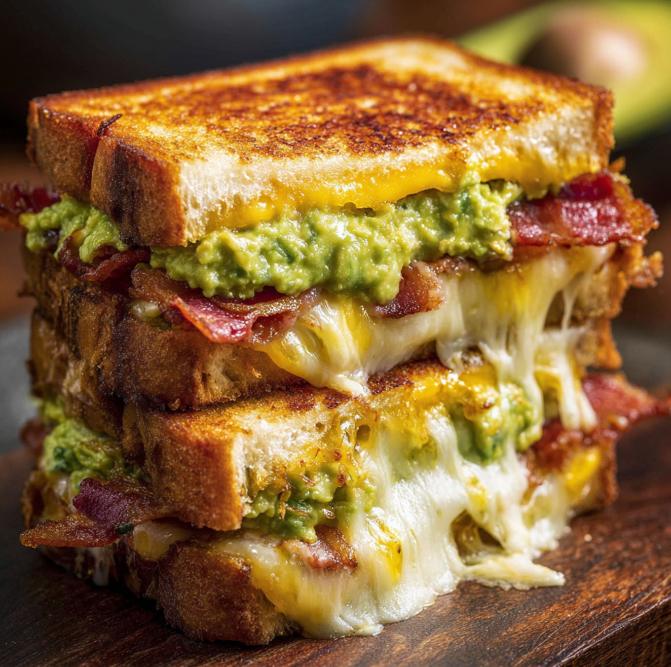 A stack of grilled cheese sandwiches with bacon and avocado, served on a wooden cutting board.