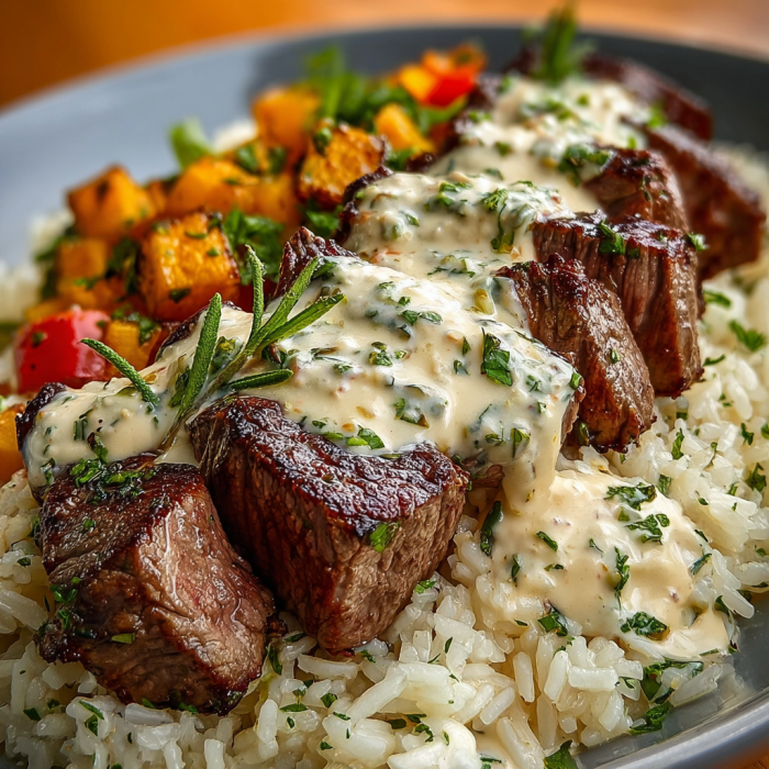 A plate of rice with meat and vegetables, including carrots, onions, and broccoli. The dish is covered in a creamy sauce, making it a delicious and hearty meal.