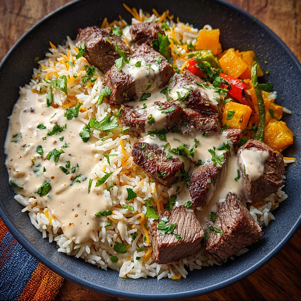 A bowl of rice with meat and vegetables, including peppers and carrots, is served on a wooden table.