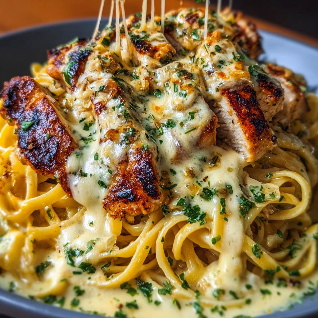 A plate of pasta with chicken and cheese on top.