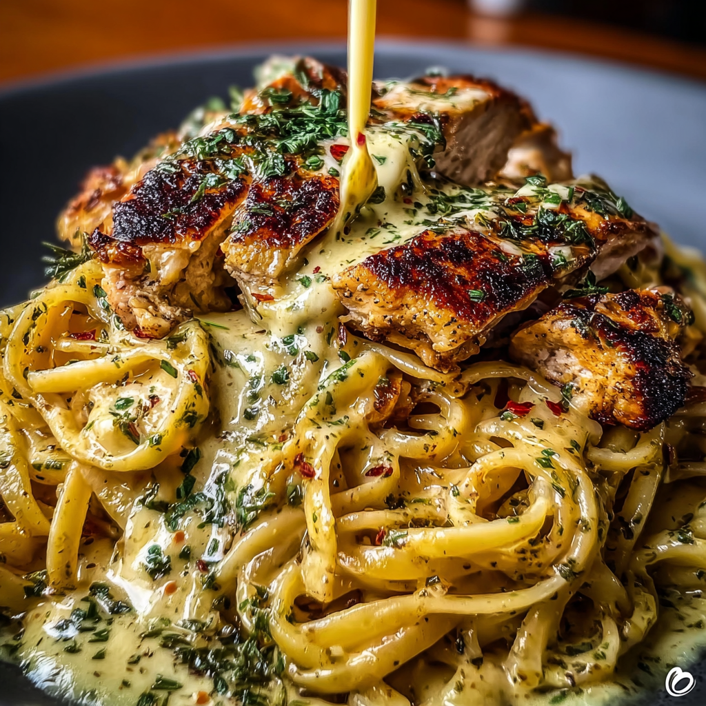 A plate of pasta with chicken and cheese on top.