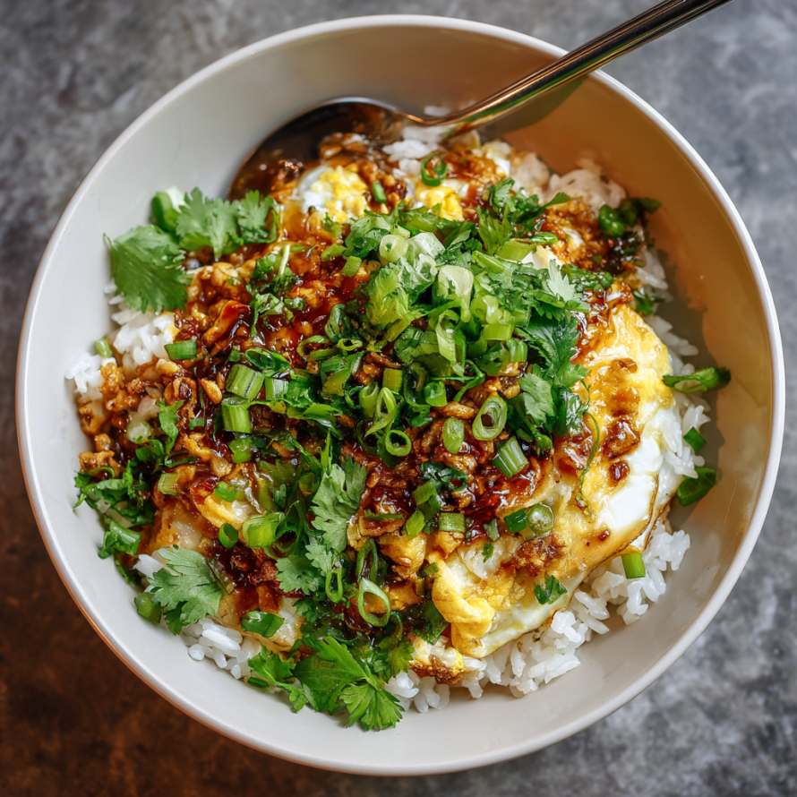 A bowl of stir fry with rice, vegetables, and egg.