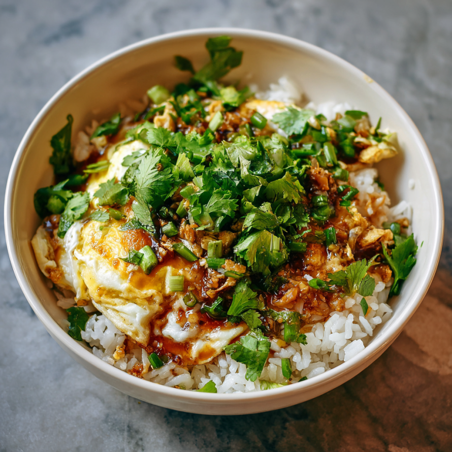 A bowl of rice with vegetables and meat, possibly a stir fry dish.
