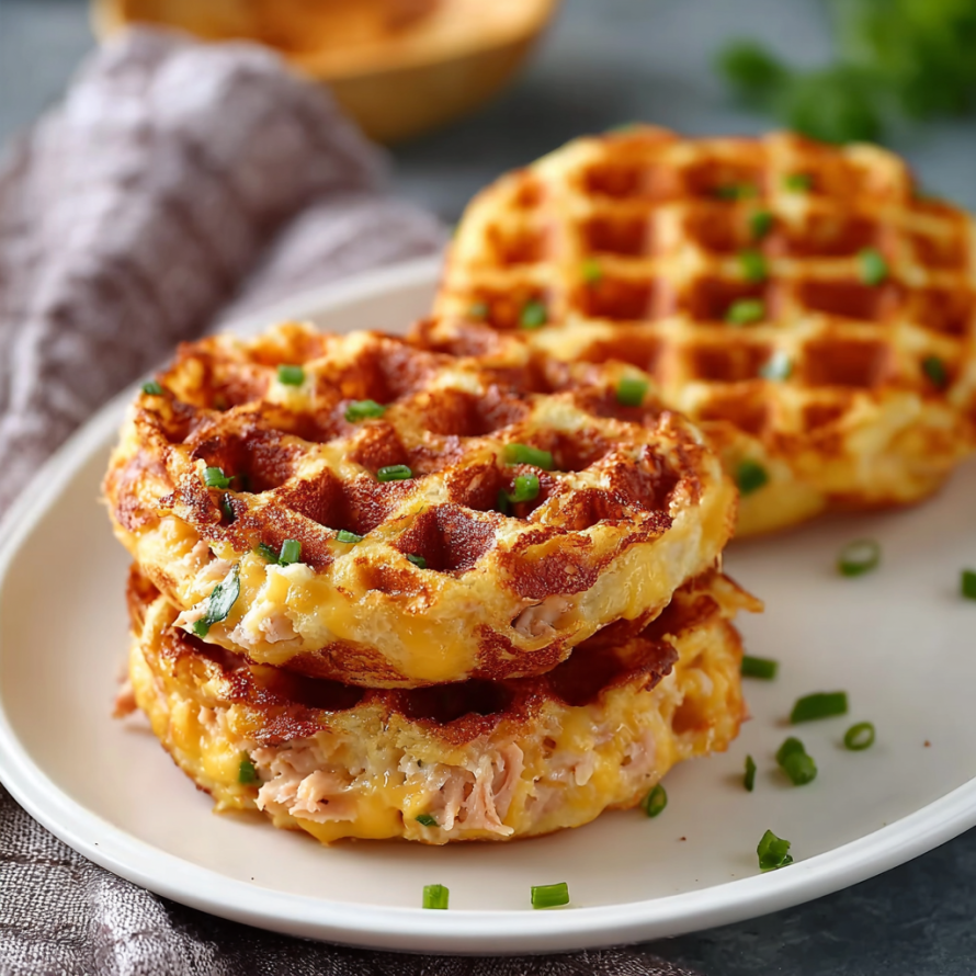 A plate with two waffle sandwiches filled with tuna and cheese, garnished with green onions.