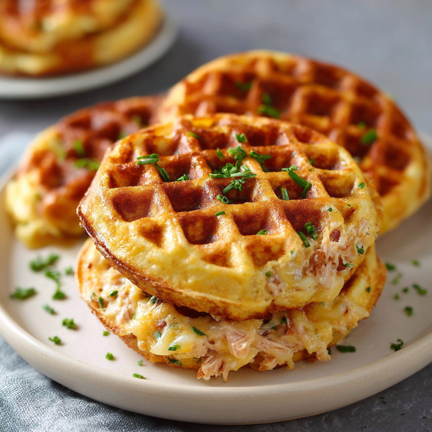 A plate of waffles with cheese and bacon on top.