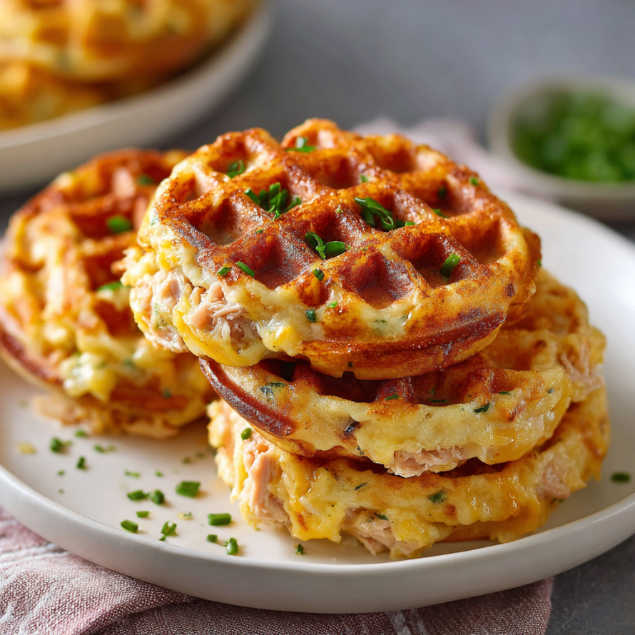 A plate of waffles with cheese and bacon on top.