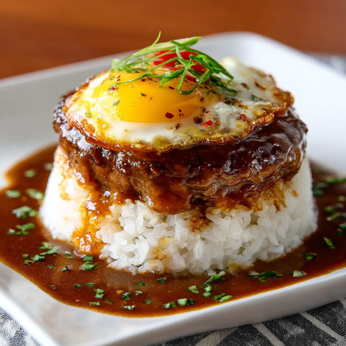 A delicious Loco Moco Hawaiian Lunch, featuring a fried egg on top of rice and meat, is served on a white plate.