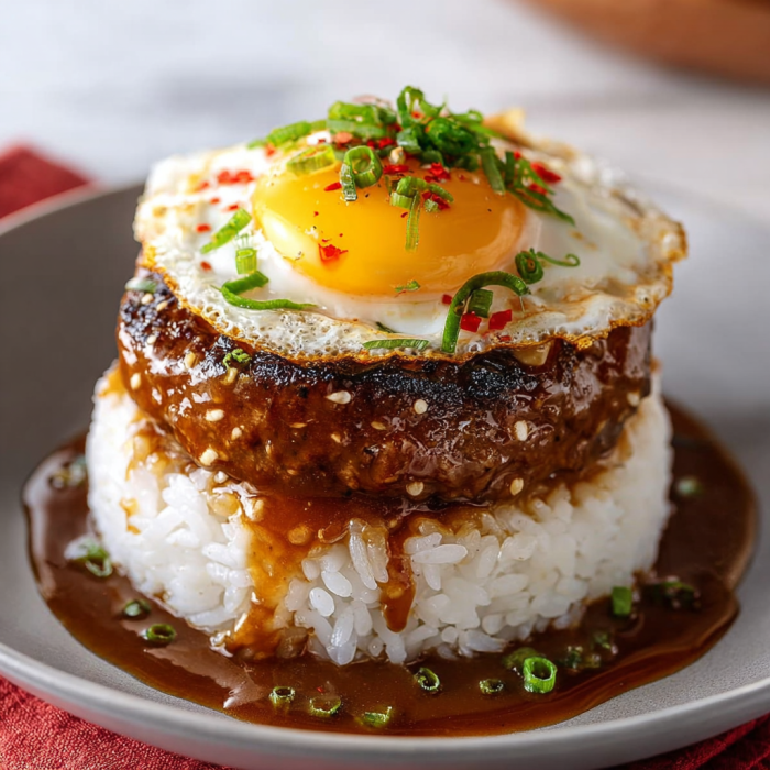A delicious meal of rice with a fried egg on top, garnished with green onions and a spoonful of sauce.