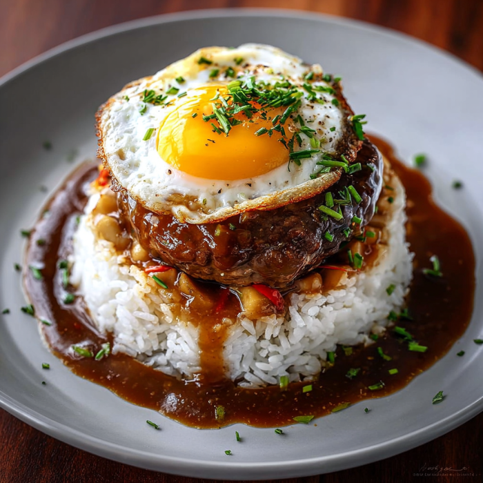 A plate of food with a fried egg on top of rice and meat.