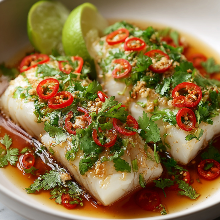 A plate of food with fish and peppers, accompanied by lime wedges.
