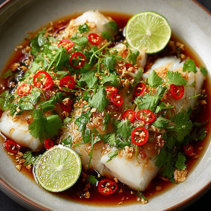 A bowl of food with a variety of ingredients, including fish, lime, and peppers, is served in a bowl.