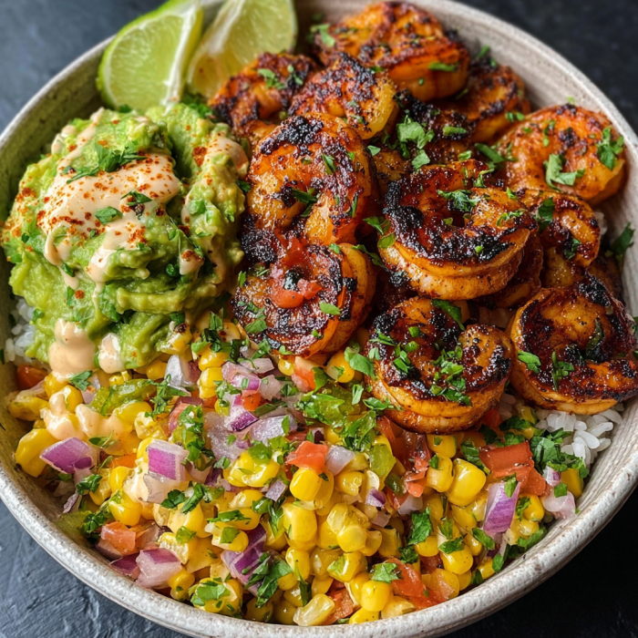 A bowl of food containing shrimp, corn, and avocado, with a spicy sauce.