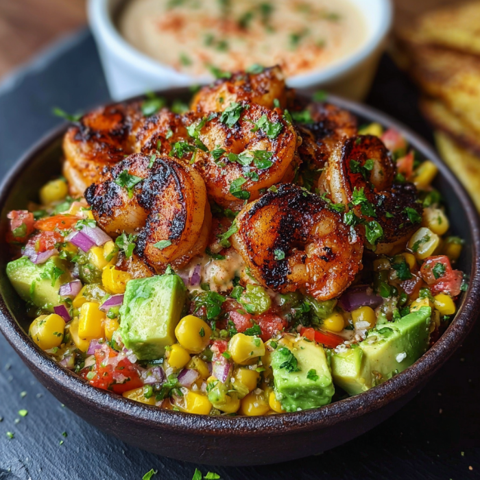A bowl of shrimp and vegetables, including corn and avocado, is served with a side of dipping sauce.