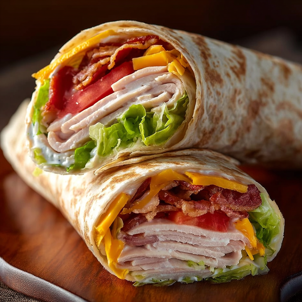 A delicious sandwich is cut in half and placed on a wooden cutting board.