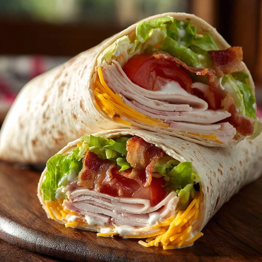 A delicious wrap filled with turkey, lettuce, tomato, and bacon, all wrapped up in a tortilla.