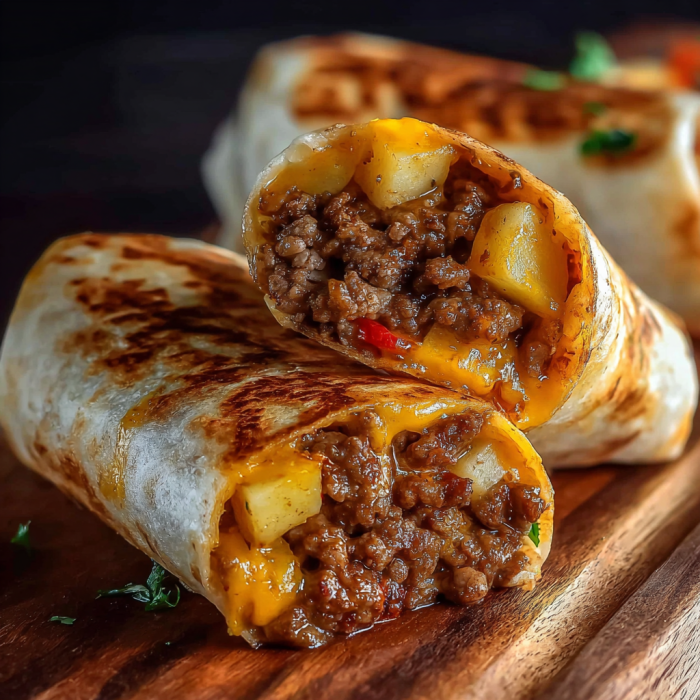 A delicious cheesy beef potato burrito is served on a wooden platter.
