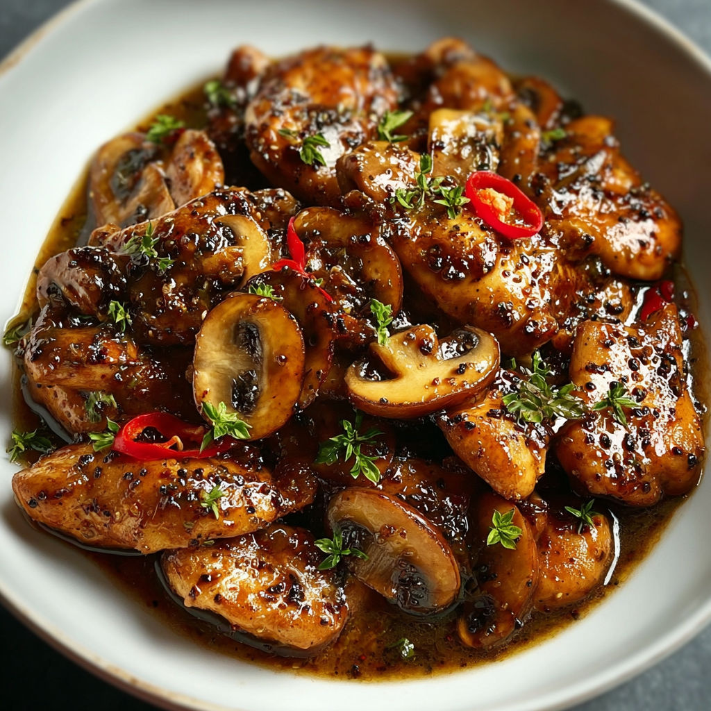 A plate of black pepper chicken with mushrooms, served with a side of mushrooms and peppers.