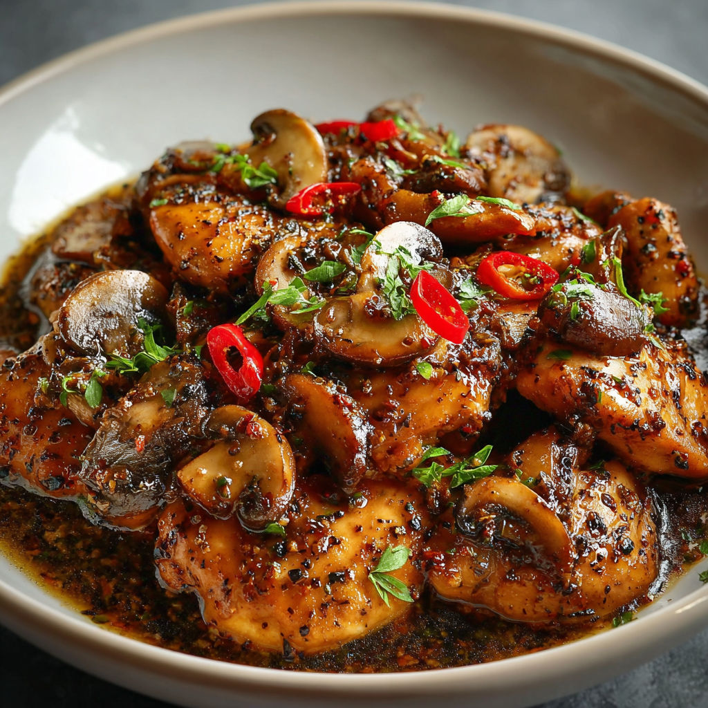 A delicious dish of black pepper chicken with mushrooms, served in a bowl.