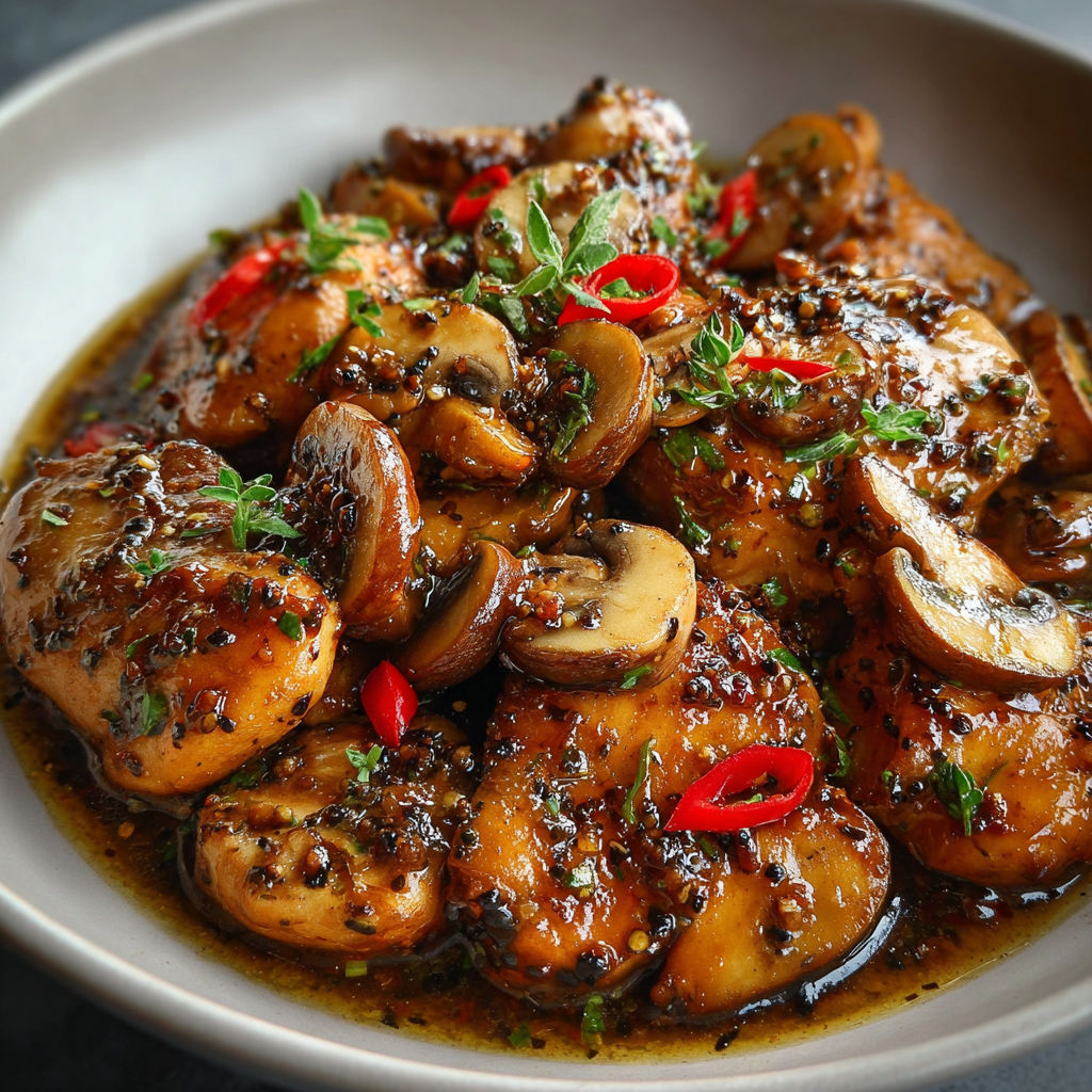 A plate of delicious black pepper chicken with mushrooms, garnished with green onions and red peppers.