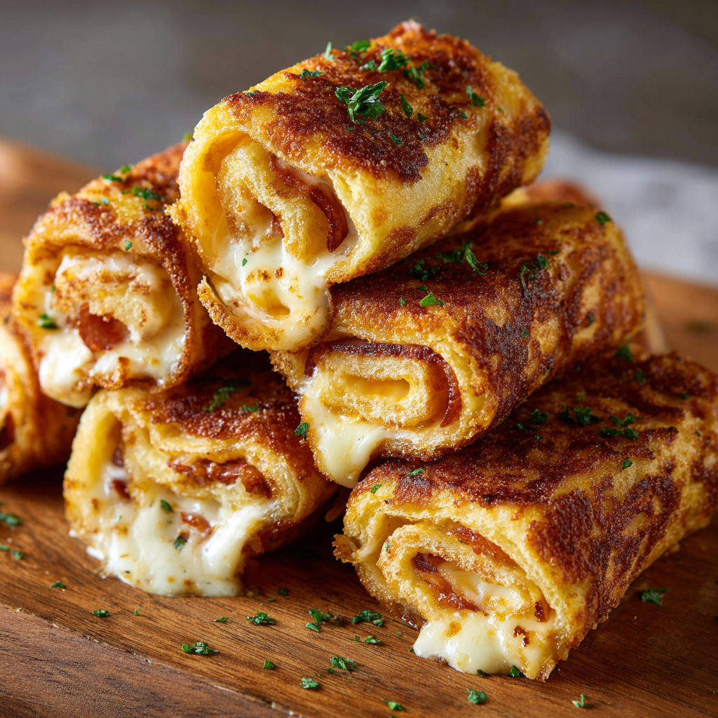 A stack of grilled cheese roll-ups on a wooden cutting board.