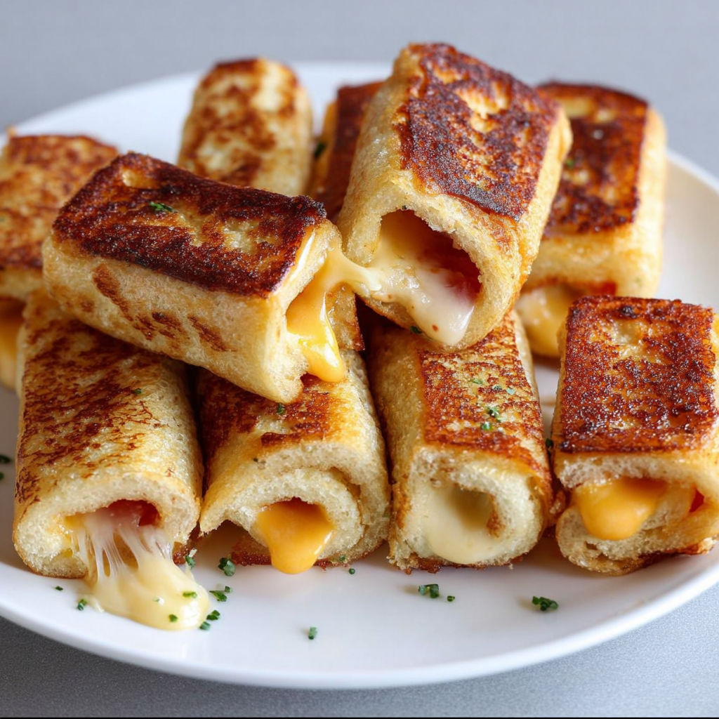 A plate of grilled cheese roll-ups, each with a slice of cheese and a slice of tomato, is served on a dining table.
