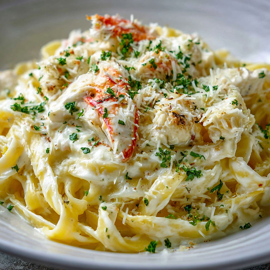 A bowl of pasta with crab meat and cheese on top.