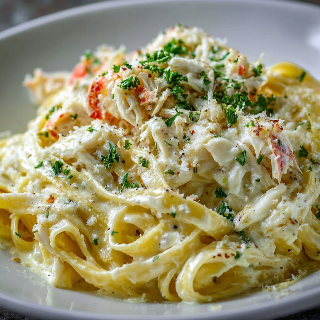A delicious Crab Fettuccine Alfredo Recipe is served on a plate.