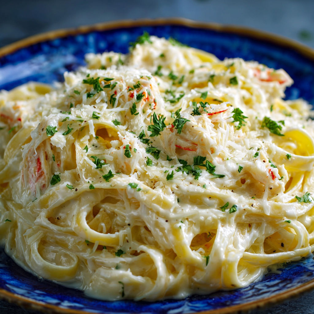 A plate of Crab Fettuccine Alfredo Recipe, with a generous amount of cheese and crab meat, ready to be enjoyed.
