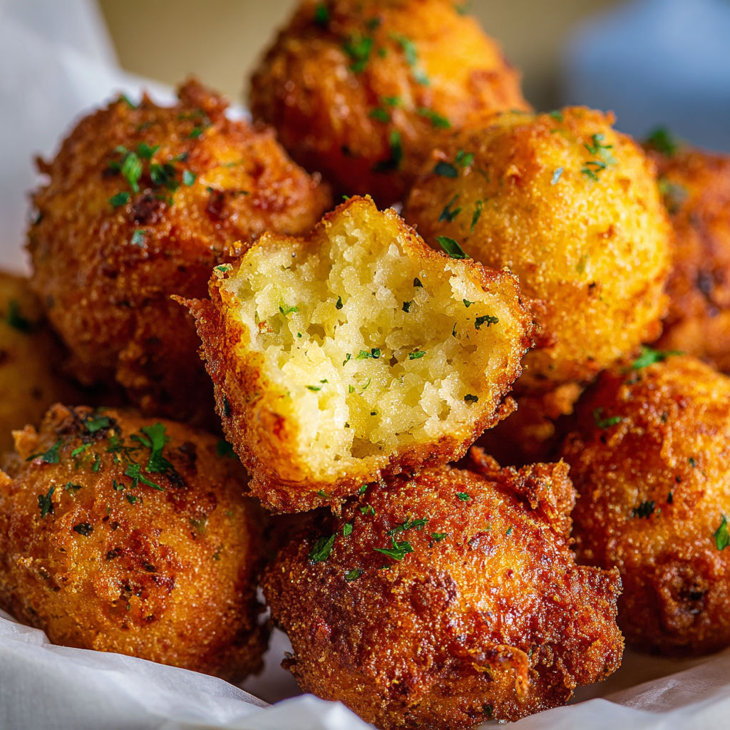 A plate of homemade hush puppies, with a bite taken out of one of them.