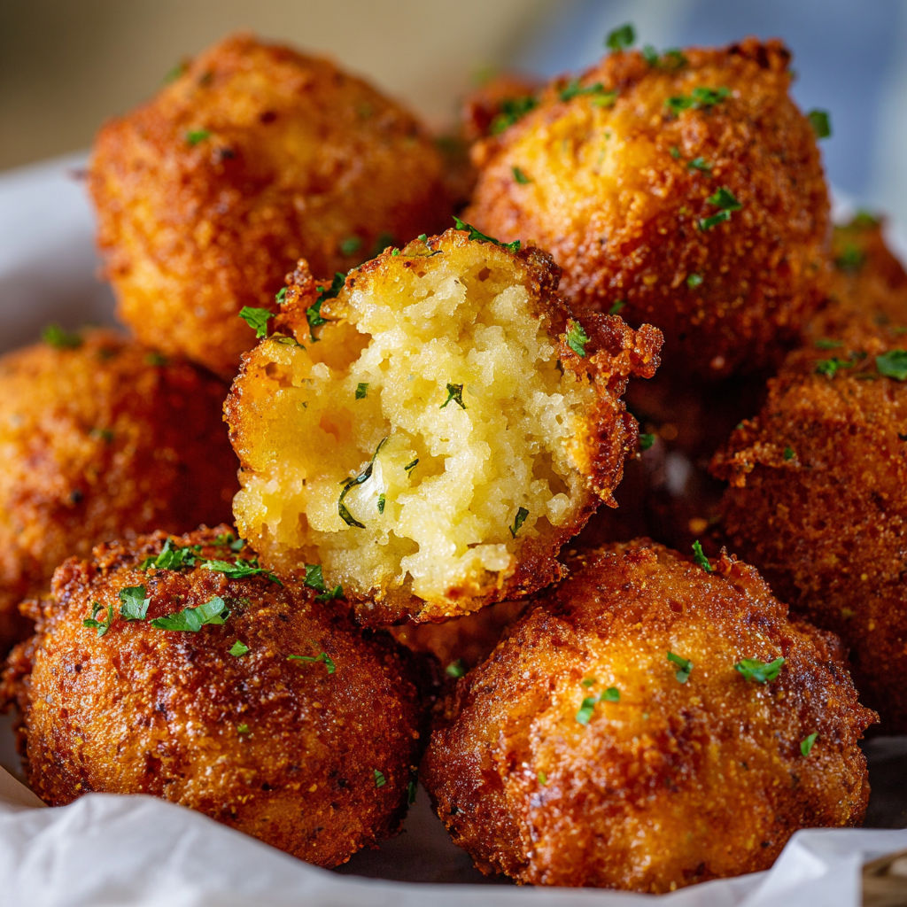 A plate of homemade hush puppies, with a bite taken out of one of them.