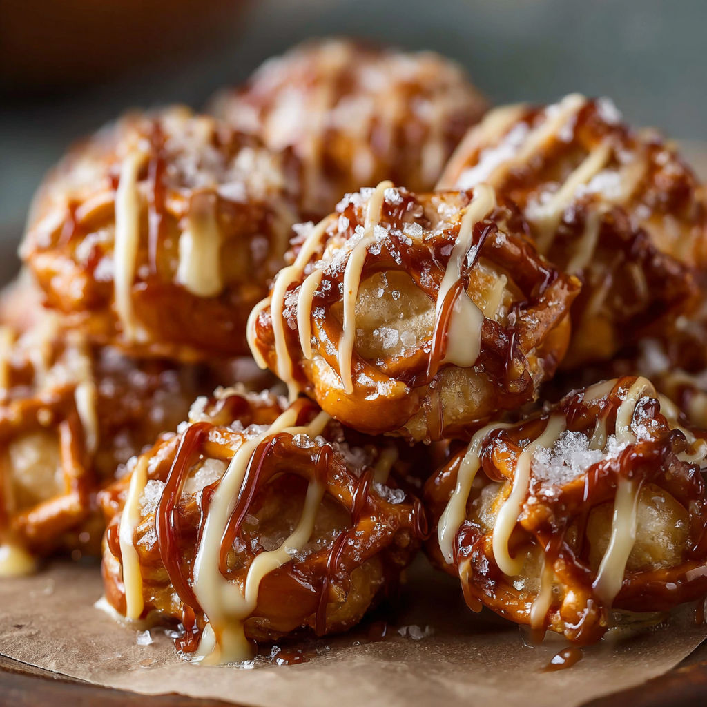 A plate of caramel apple pretzel bites, a delicious dessert recipe.