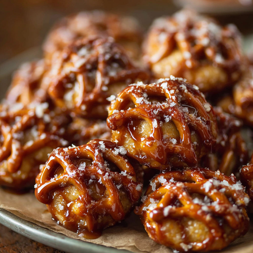 A plate of delicious looking pastries, possibly pretzels, covered in a sweet glaze.