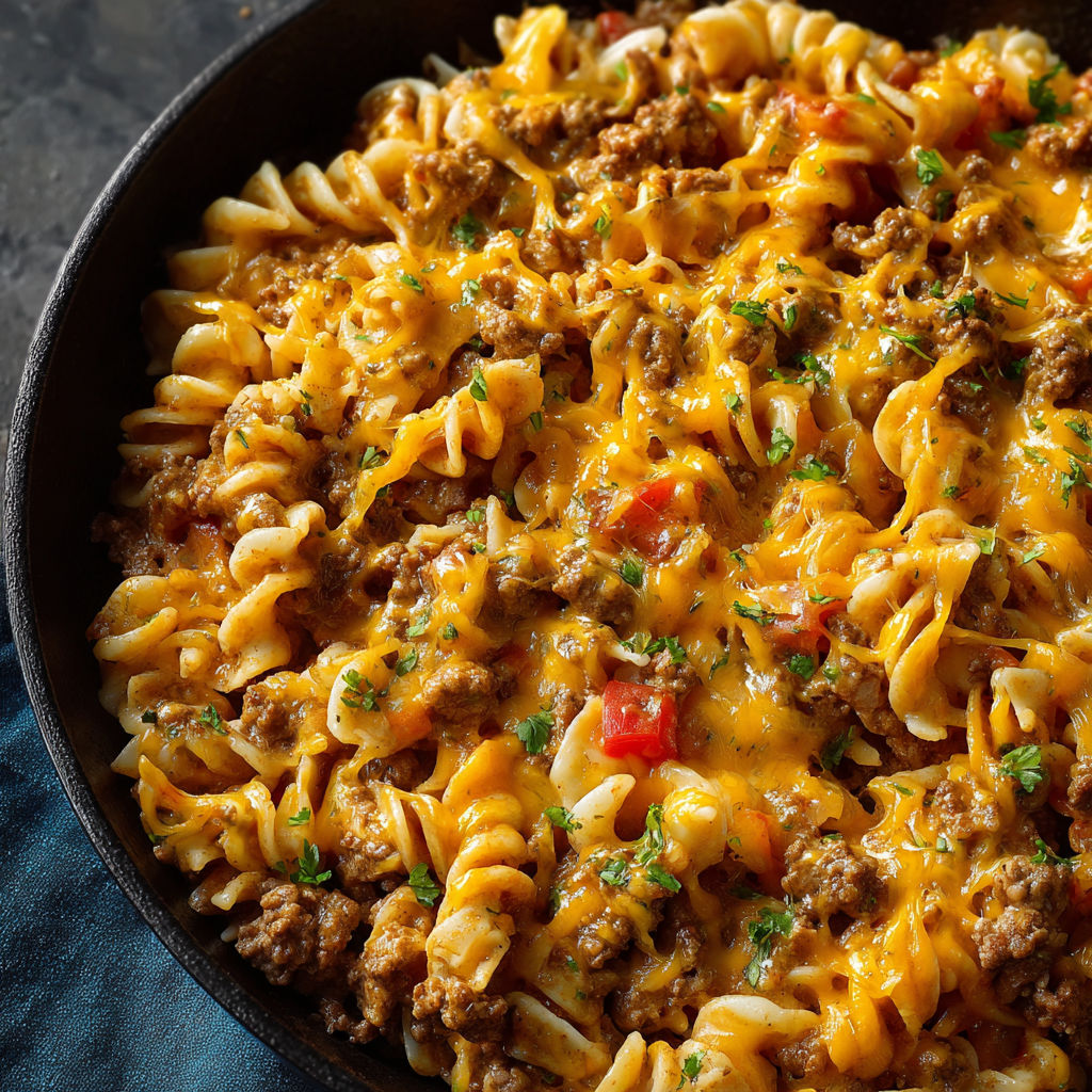 A delicious meal of Cheesy Beef Taco Pasta in a black bowl.