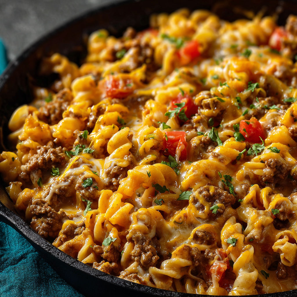 A delicious cheesy beef taco pasta dish in a black skillet.