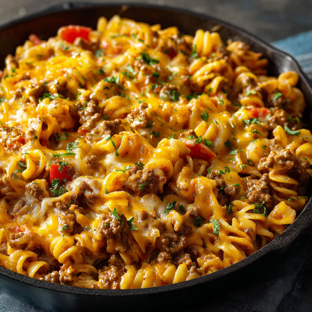 A delicious meal of Cheesy Beef Taco Pasta in a skillet.