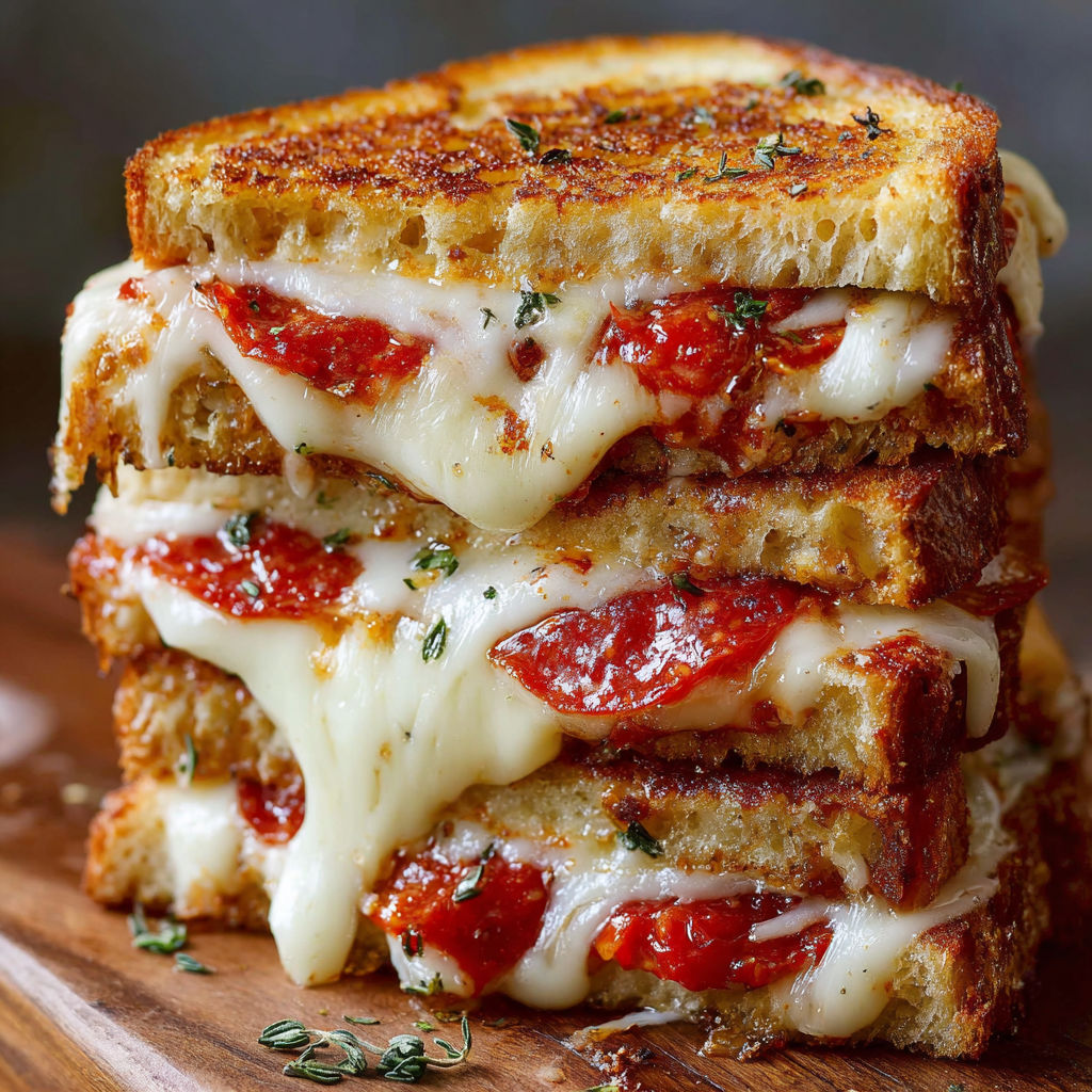 A stack of grilled cheese sandwiches with tomato sauce and herbs on a wooden cutting board.