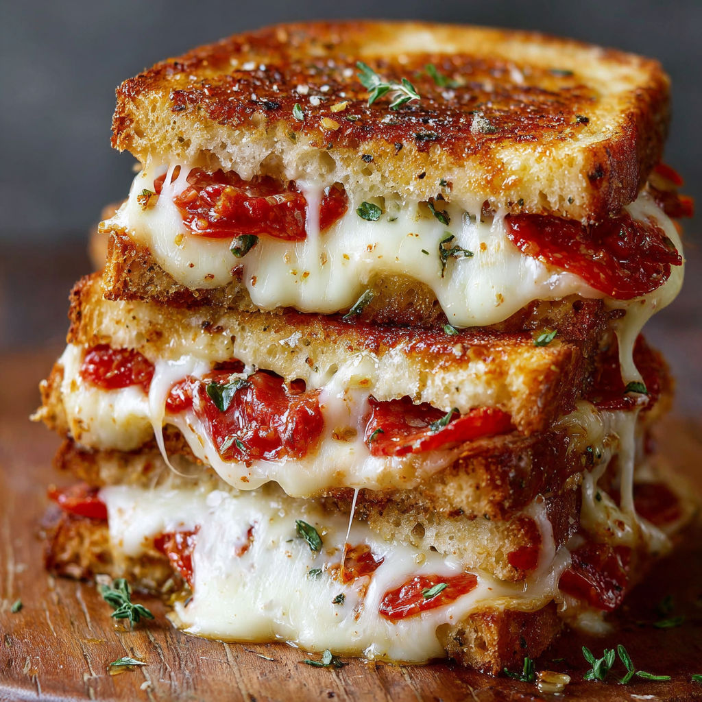 A stack of grilled cheese sandwiches with tomatoes and basil.