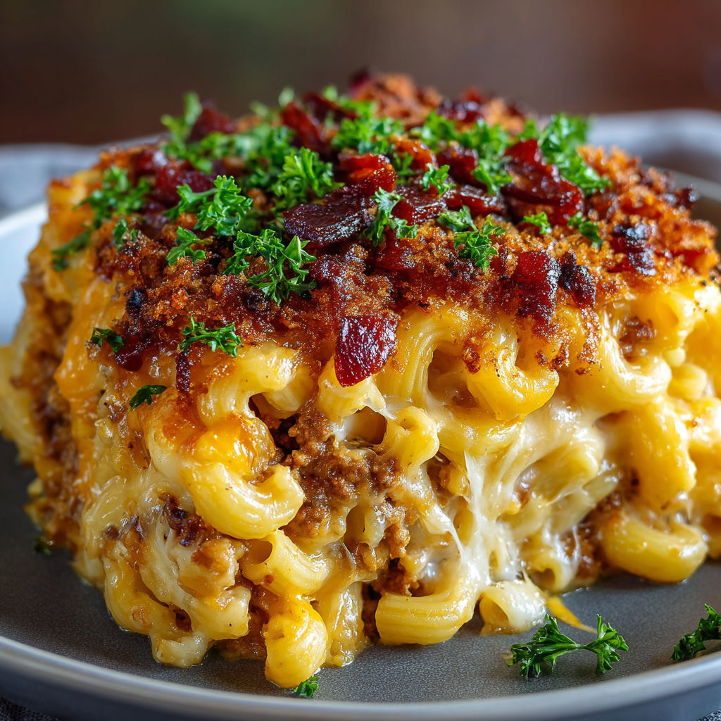 A delicious looking dish of Ooey Gooey Bbq Bacon Mac Cheese lasagna on a plate.