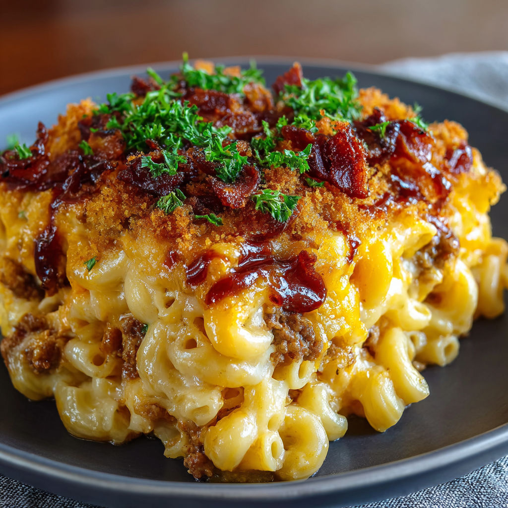 A delicious looking dish of Ooey Gooey Bbq Bacon Mac Cheese lasagna is served on a plate.