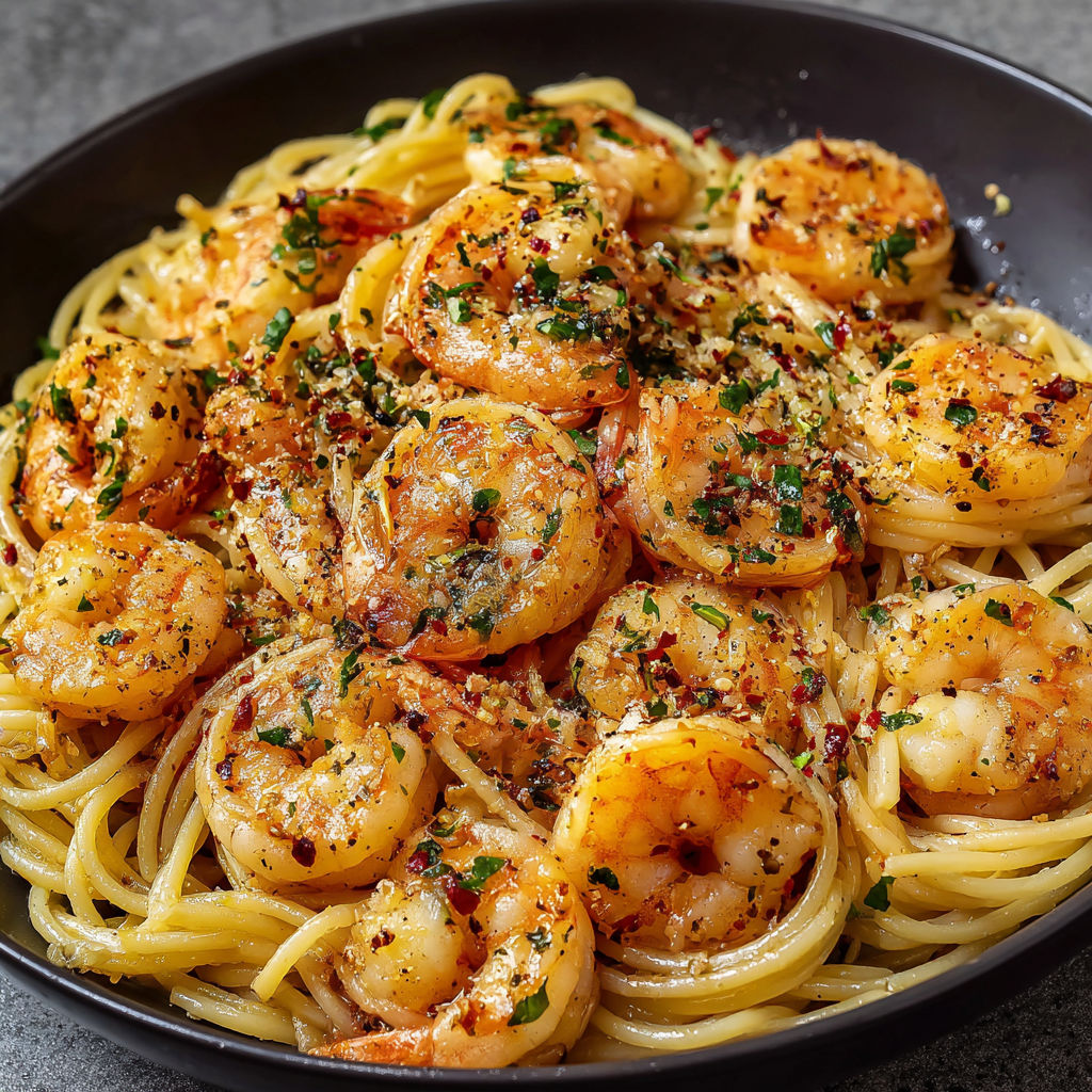 A bowl of Garlic Shrimp Pasta with a generous amount of shrimp and spices.