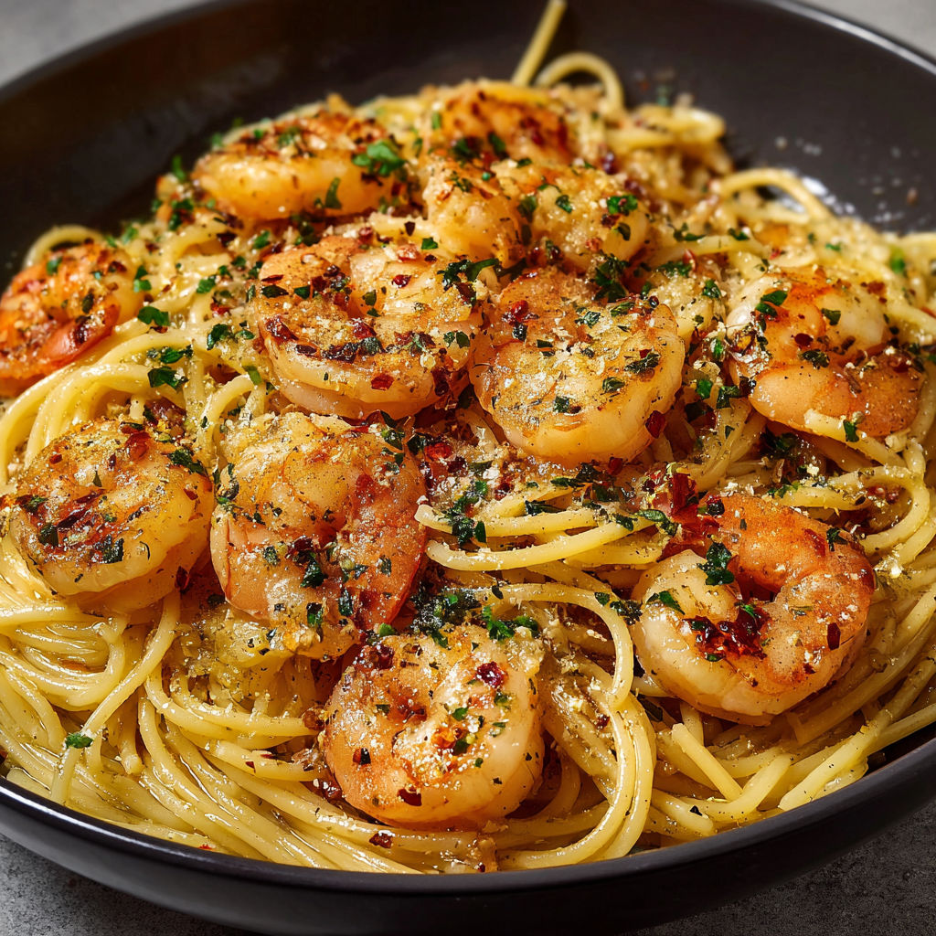 A bowl of shrimp and pasta with a sprinkle of herbs on top.