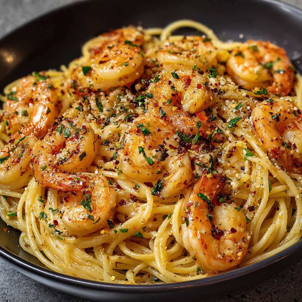 A bowl of shrimp and pasta with a spoon in it.
